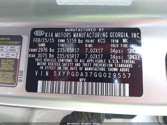 5XYPGDA37GG029557 KIA dohc gdi theta ii