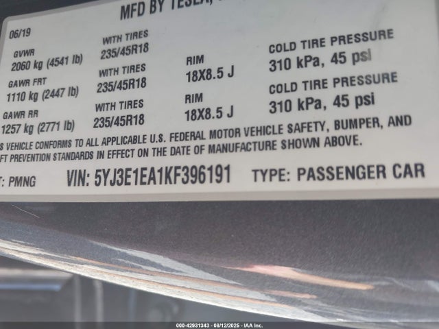 2019 TESLA MODEL 3 5YJ3E1EA1KF396191 Photo 8