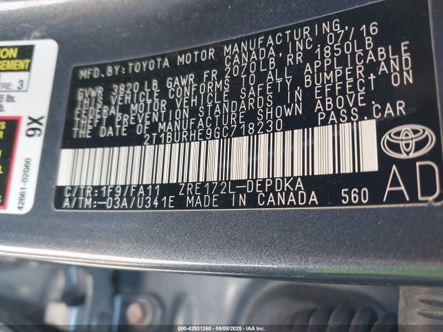 Toyota 2zr-fe 2016 2T1BURHE9GC718230 Image 9