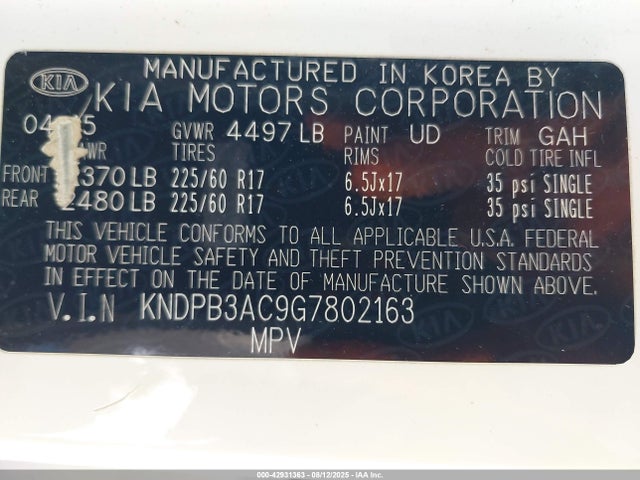 KNDPB3AC9G7802163 KIA dohc gdi theta ii