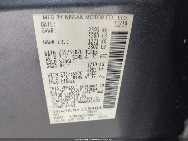 Nissan Murano 2020 5N1AZ2DS8LN119404 Image 9