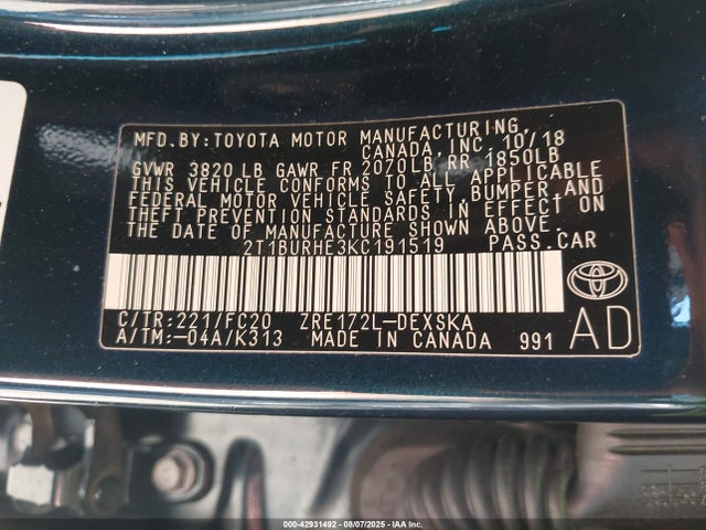 2T1BURHE3KC191519 Toyota 2zr-fe