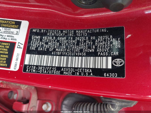 Toyota 2ar-fe 2014 4T1BF1FK3EU749456 Image 9