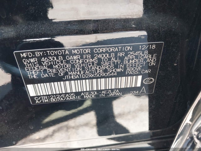 Lexus 8ar-fts 2019 JTHBA1D2XK5090544 Image 9