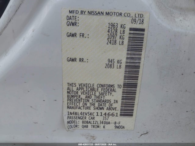 Nissan 2019 2019 1N4BL4EV5KC114661 Image 9