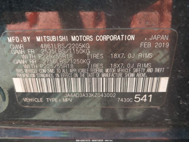 2019 MITSUBISHI OUTLANDER JA4AD3A33KZ043002 Photo 8