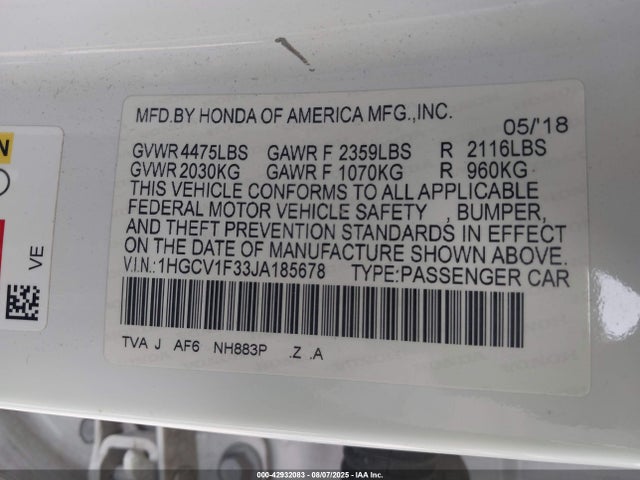 1HGCV1F33JA185678 Honda l15be