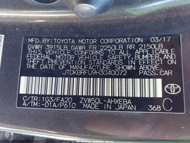 JTDKBRFU9H3040072 Toyota 2zr-fxe,1nm