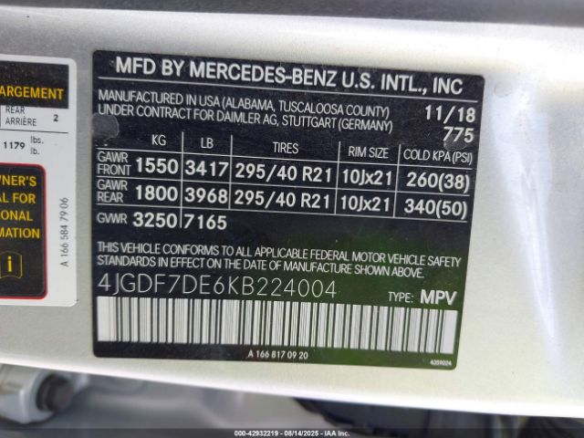 2019 MERCEDES-BENZ GLS 550 4JGDF7DE6KB224004 Photo 8