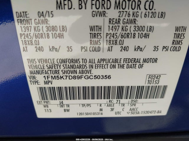 Ford 2015 2015 1FM5K7D89FGC50356 Image 9