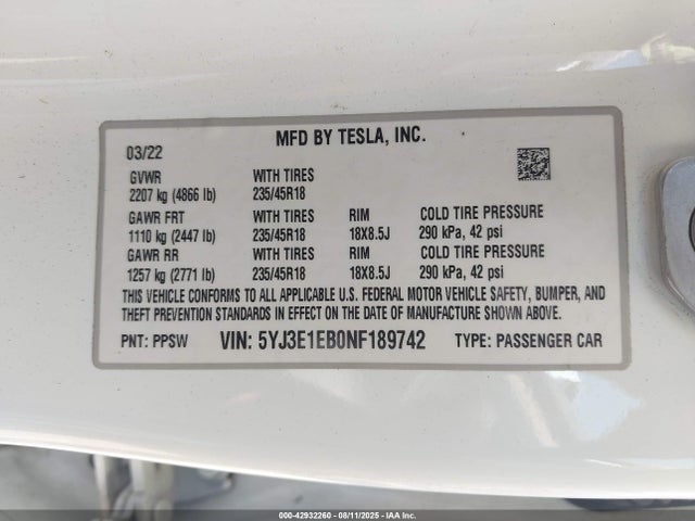 2022 TESLA MODEL 3 5YJ3E1EB0NF189742 Photo 8