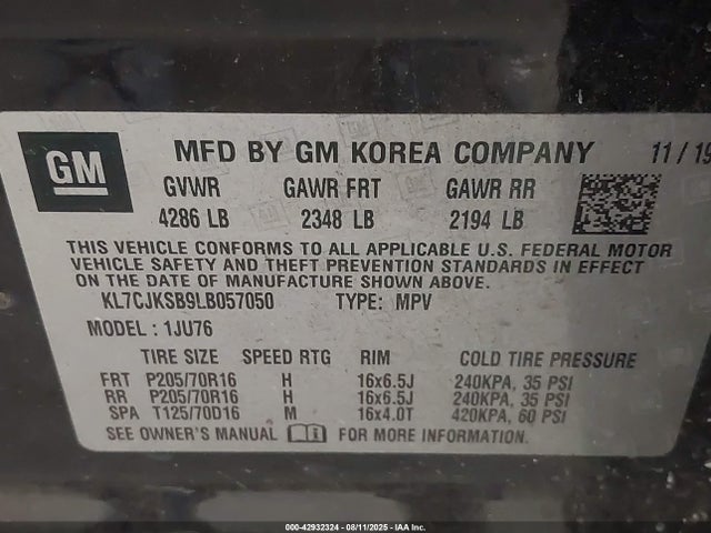 KL7CJKSB9LB057050 Chevrolet luv - mfi, variable valve timing, e85 max, alum
