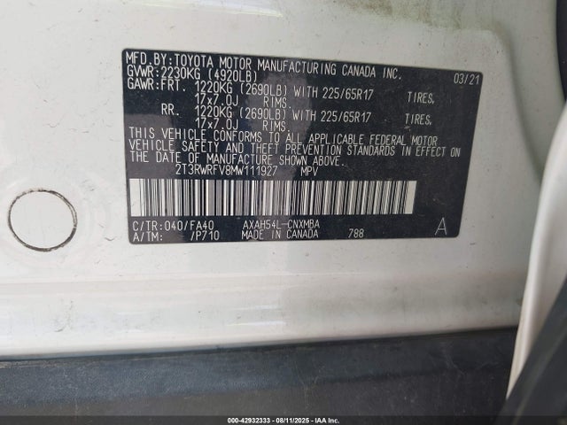 2T3RWRFV8MW111927 Toyota a25a-fxs, 3nm+4nm(ni)