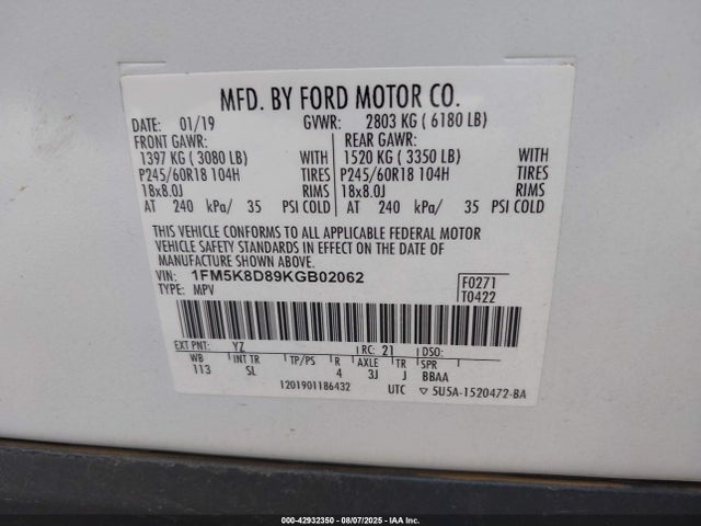 Ford 3.5l ti-vct 2019 1FM5K8D89KGB02062 Image 9