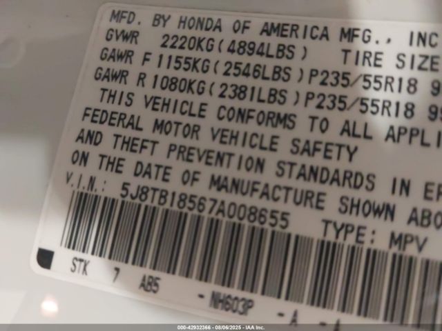 2007 ACURA RDX 5J8TB18567A008655 Photo 8