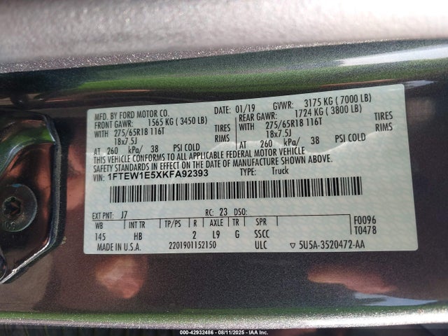 Ford 5.0l 4v 2019 1FTEW1E5XKFA92393 Image 9