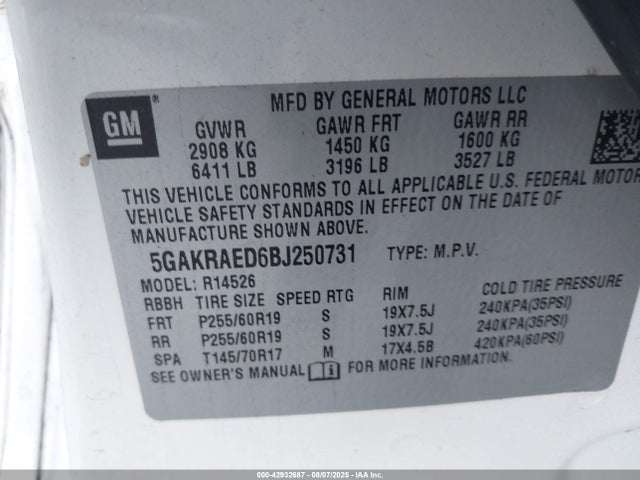 42932687 :رقم المزاد ، 5GAKRAED6BJ250731 vin ، 2011 Buick Enclave Cx مزاد بيع