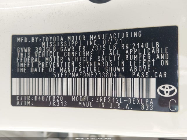 5YFEPMAE9MP213804 Toyota 2zr-fae
