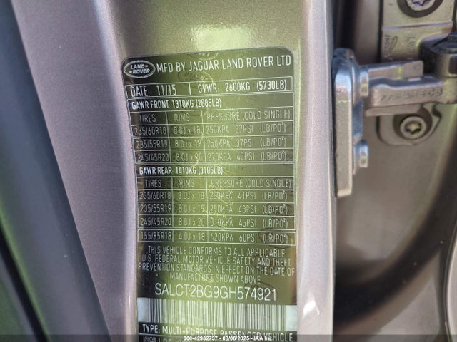 SALCT2BG9GH574921 Land Rover gtdi lev3 sulev30