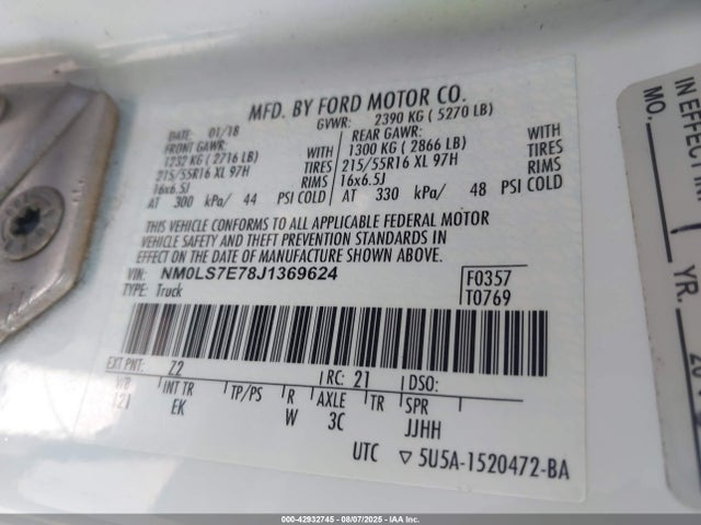 Ford 2.5l dohc pfi 2018 NM0LS7E78J1369624 Image 9