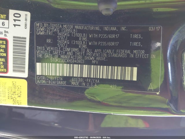 5TDKZ3DCXHS840803 Toyota 2gr-fks