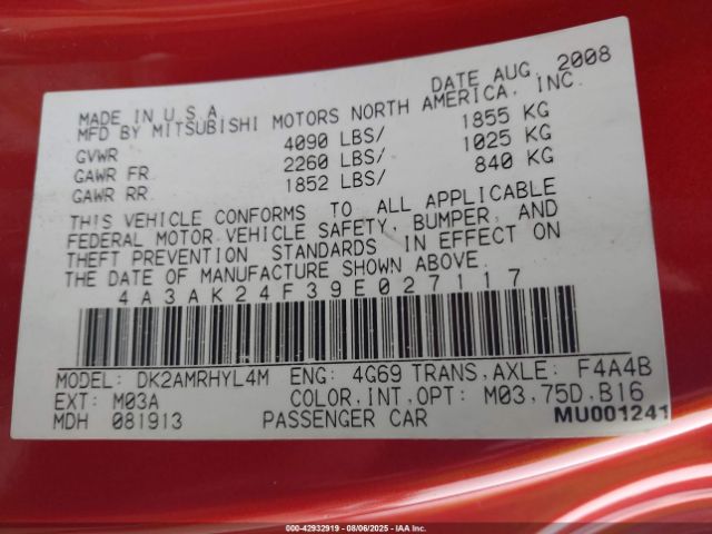 2009 MITSUBISHI ECLIPSE 4A3AK24F39E027117 Photo 8