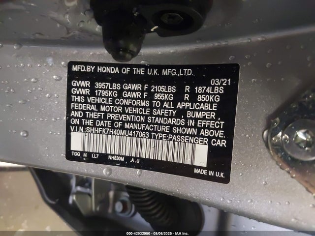 Продаж на аукціоні авто 2021 Honda Civic Sport, vin: SHHFK7H40MU417063, номер лоту: 42932950