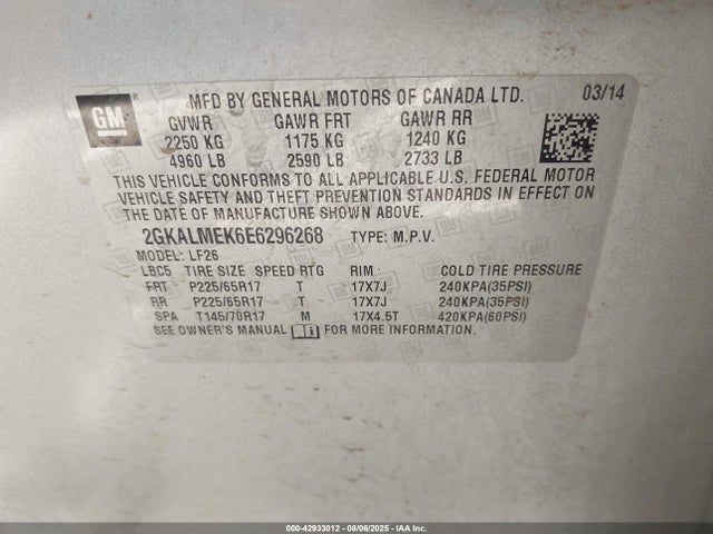 2GKALMEK6E6296268 GMC lea - flex fuel (gas/alc), aluminum, high output