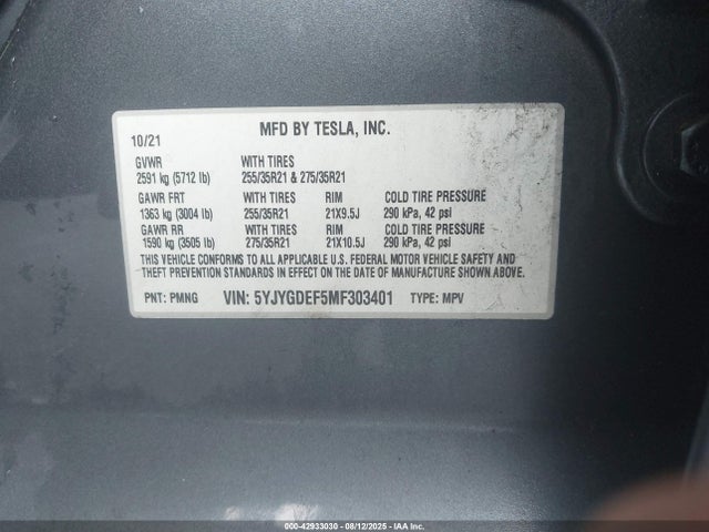 2021 TESLA MODEL Y 5YJYGDEF5MF303401 Photo 8