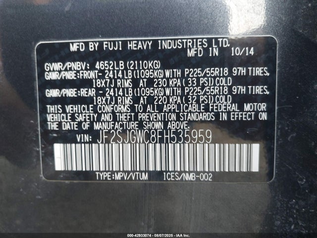 Subaru 2.0l turbo u4 2015 JF2SJGWC8FH535959 Image 9