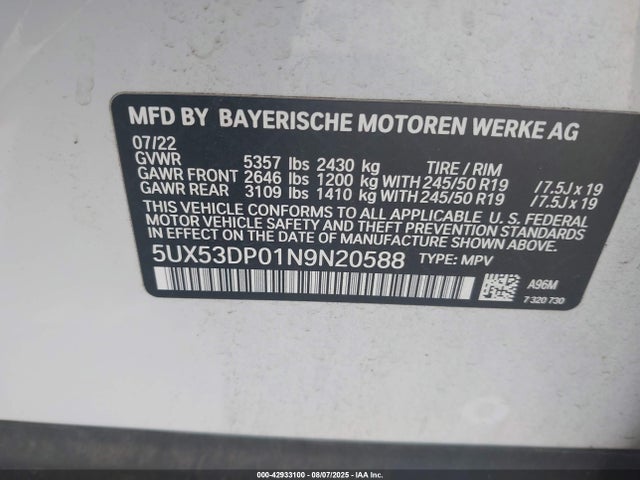 BMW X3 2022 5UX53DP01N9N20588 Image 9