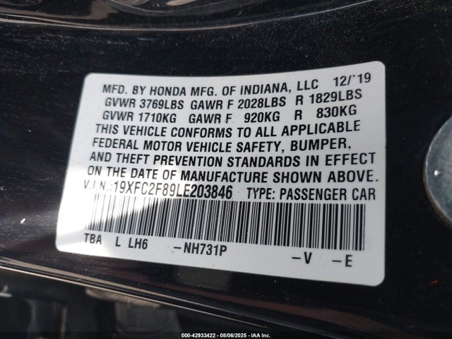 Honda k20c2 2020 19XFC2F89LE203846 Image 9