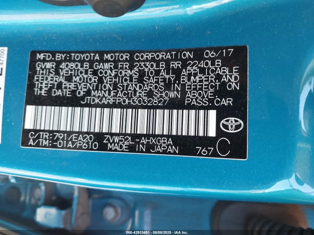 JTDKARFP0H3032827 Toyota 2zr-fxe+1nm