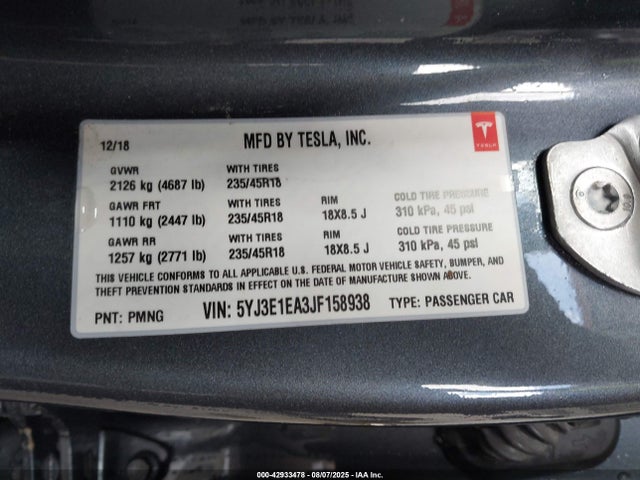 2018 TESLA MODEL 3 5YJ3E1EA3JF158938 Photo 8