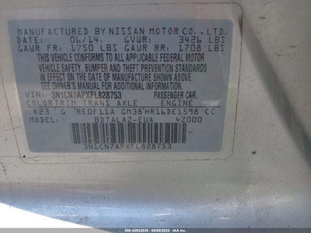 Nissan Versa 2015 3N1CN7APXFL828753 Image 9