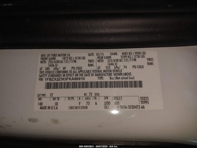 1FBZX2ZM3FKA96910 Ford 2015