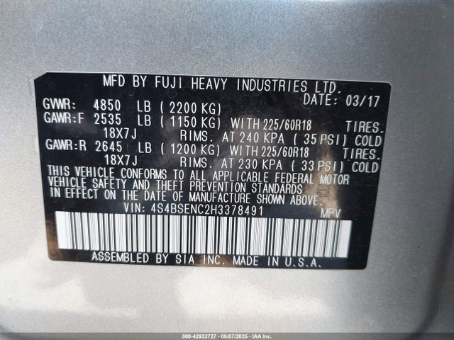 Subaru u4 2017 4S4BSENC2H3378491 Image 9