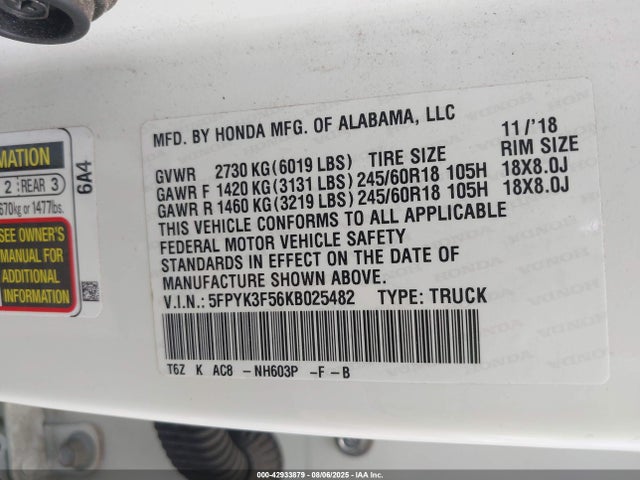 Honda j35y6 2019 5FPYK3F56KB025482 Image 9