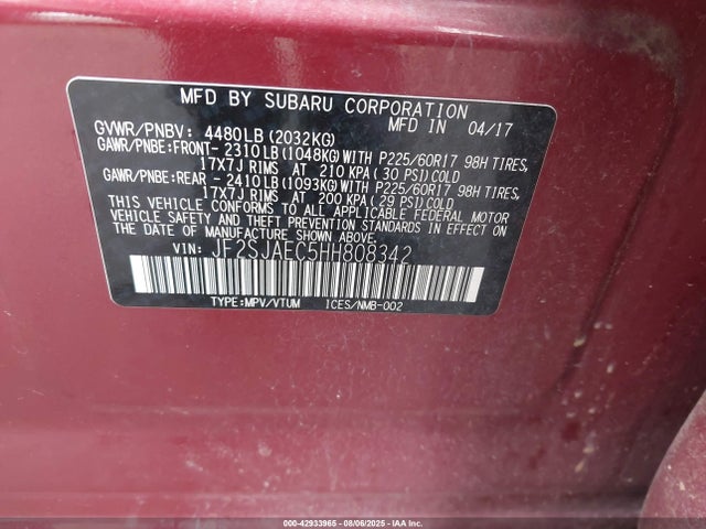 JF2SJAEC5HH808342 Subaru naturally aspirated u5