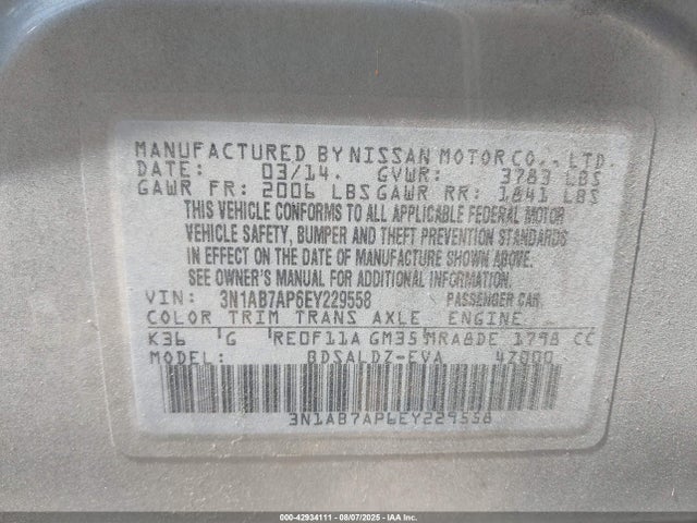 3N1AB7AP6EY229558 Nissan 2014