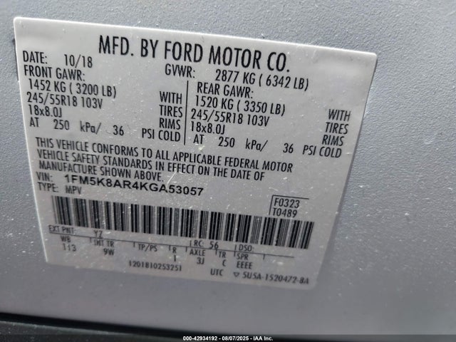 1FM5K8AR4KGA53057 Ford 3.7l ti-vct