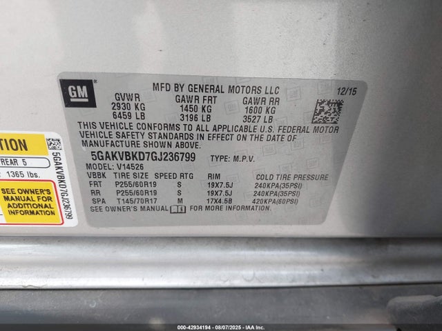 Buick llt - sidi, alum, 60 degrees 2016 5GAKVBKD7GJ236799 Image 9