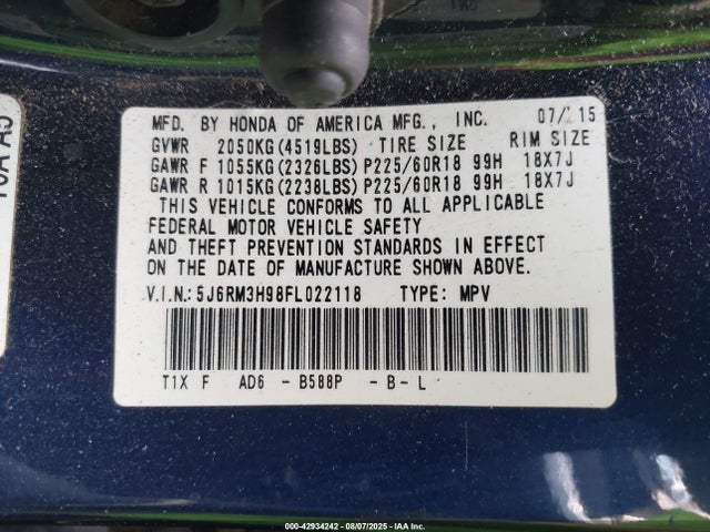 5J6RM3H98FL022118 Honda k24w9