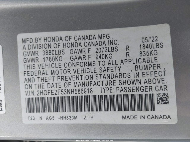 Honda k20c2 2022 2HGFE2F53NH586918 Image 9