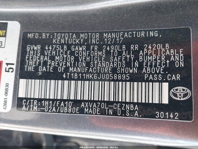 4T1B11HK6JU058895 Toyota a25a-fks