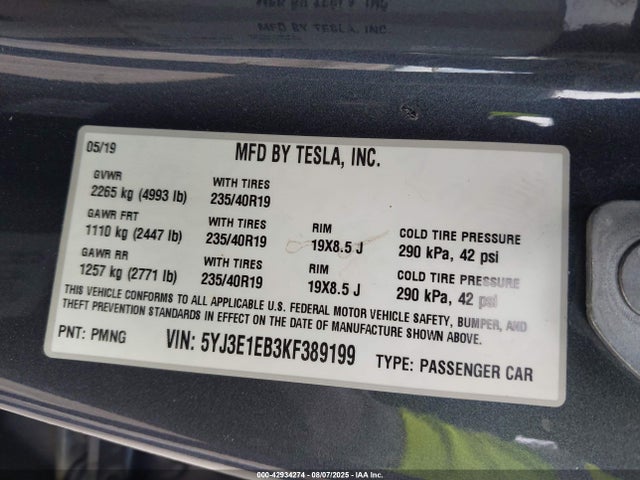 2019 TESLA MODEL 3 5YJ3E1EB3KF389199 Photo 8