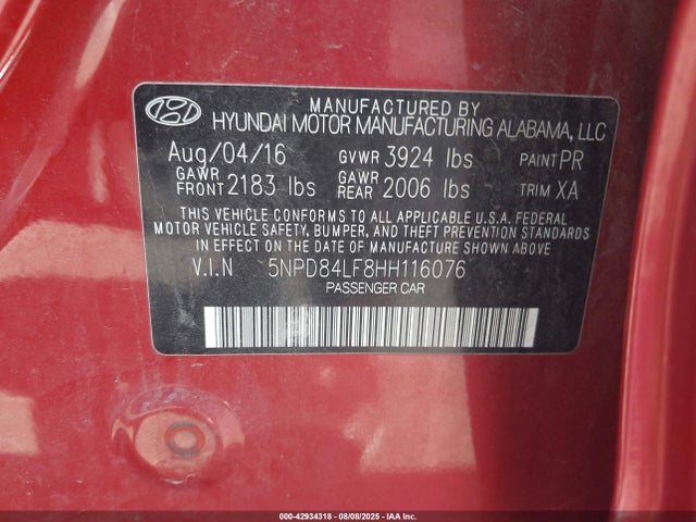 5NPD84LF8HH116076 Hyundai 2017