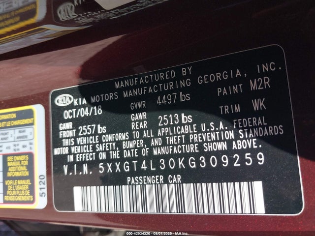 5XXGT4L30KG309259 KIA gdi