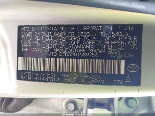 JTDKDTB32G1589756 Toyota 1nz-fxe+1lm
