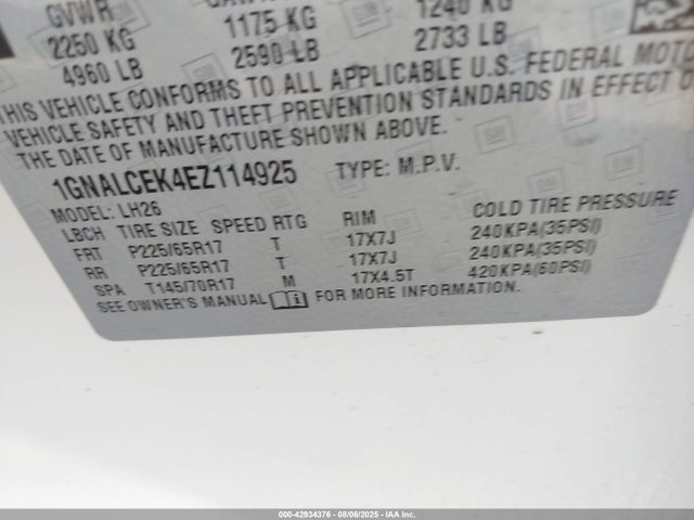 1GNALCEK4EZ114925 Chevrolet lea - flex fuel (gas/alc), aluminum, high output